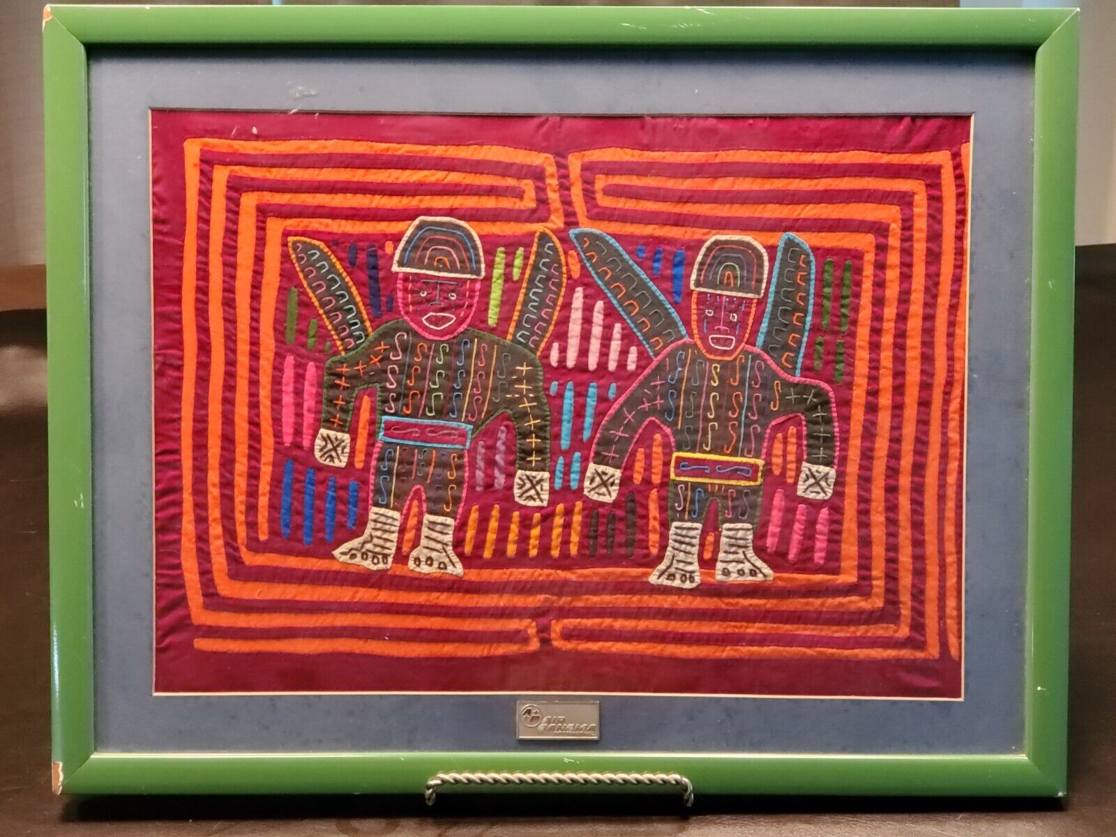Mola Textile Folk Art Hand Stitched Air Panama Tag/Pin Framed Matted Art Vintage