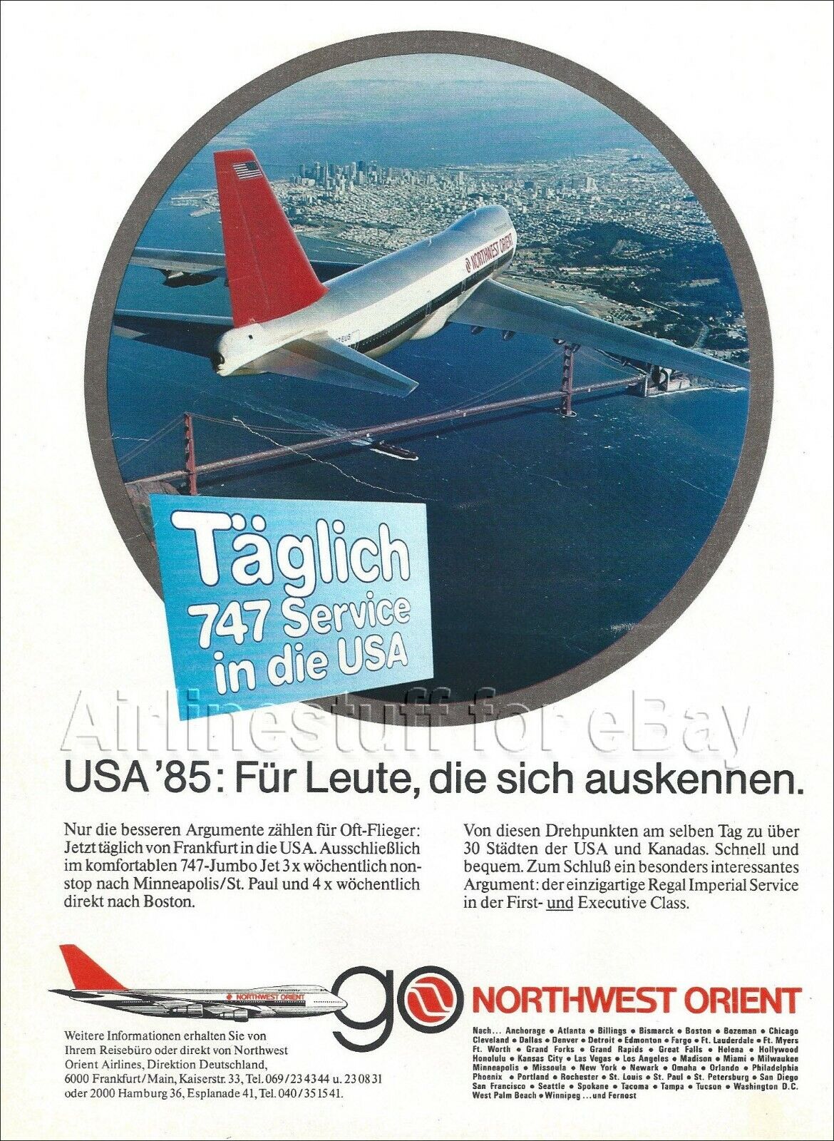 1985 NORTHWEST ORIENT ad BOEING 747 over SAN FRANCISCO airlines airways GERMAN