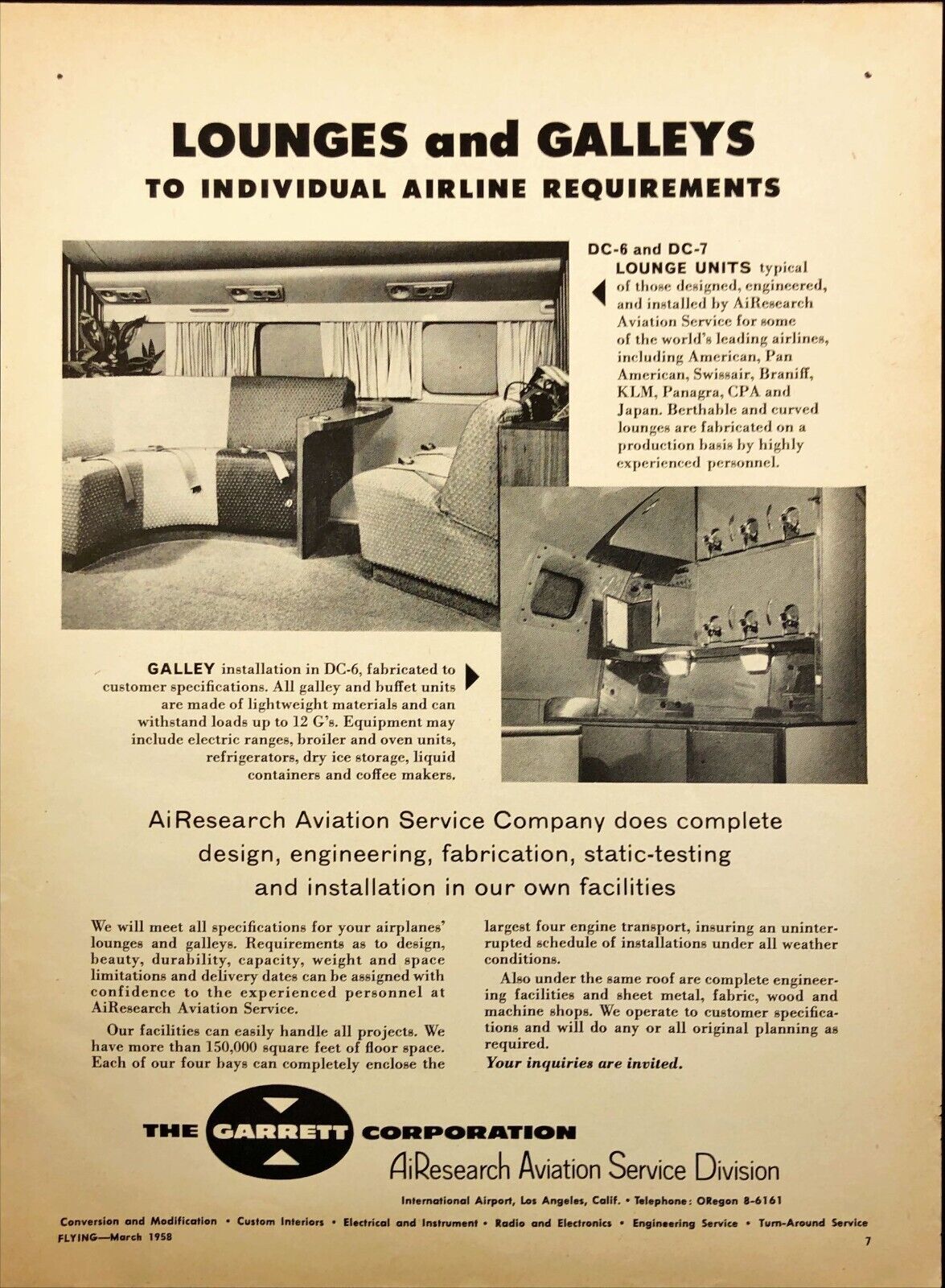The Garrett Corp AiResearch Aviation Airline Lounges and Galleys Print Ad 1958