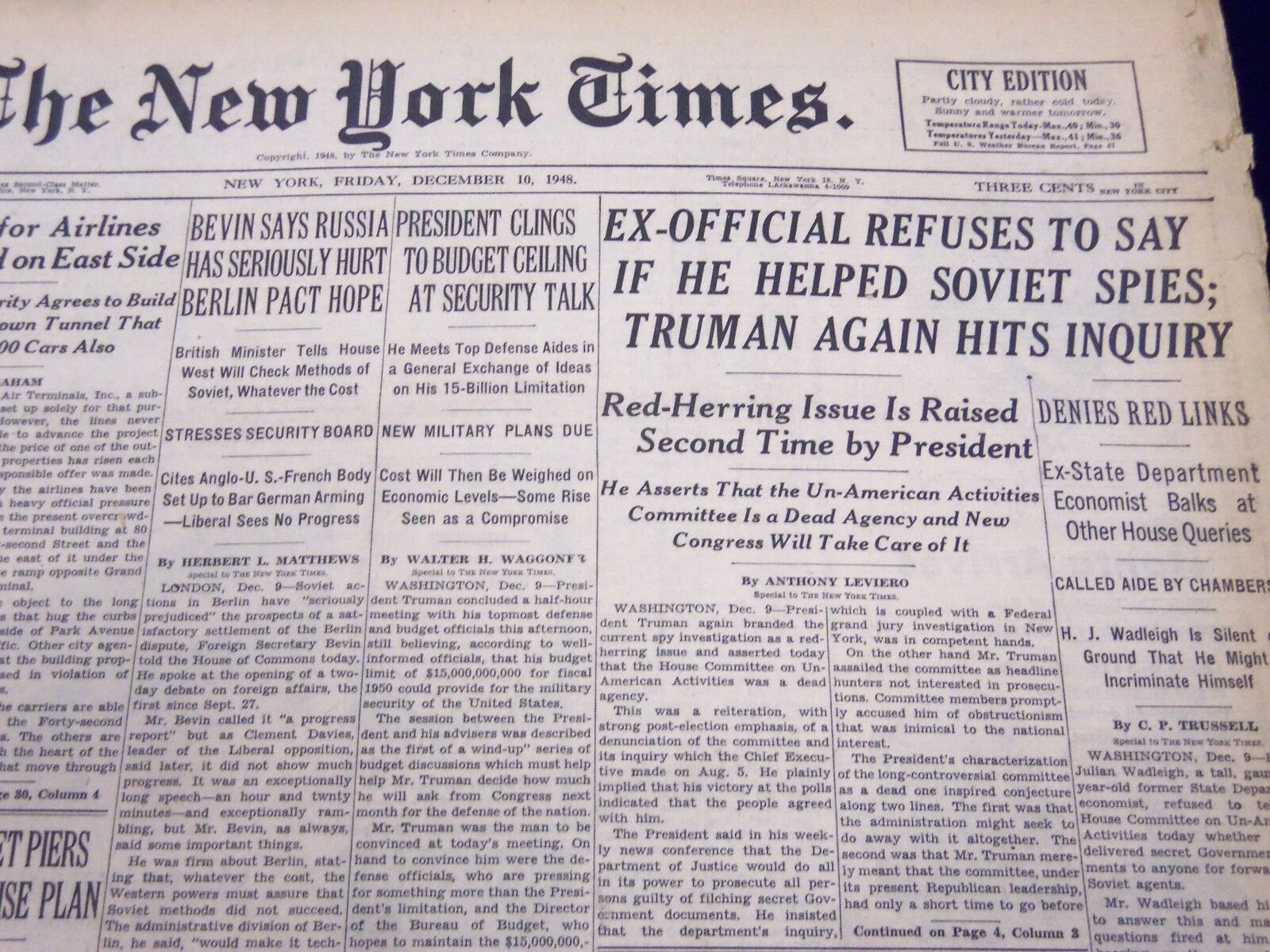 1948 DEC 10 NEW YORK TIMES - EX-OFFICIAL REFUSES TO SAY IF HELPED SPIES - NT 135