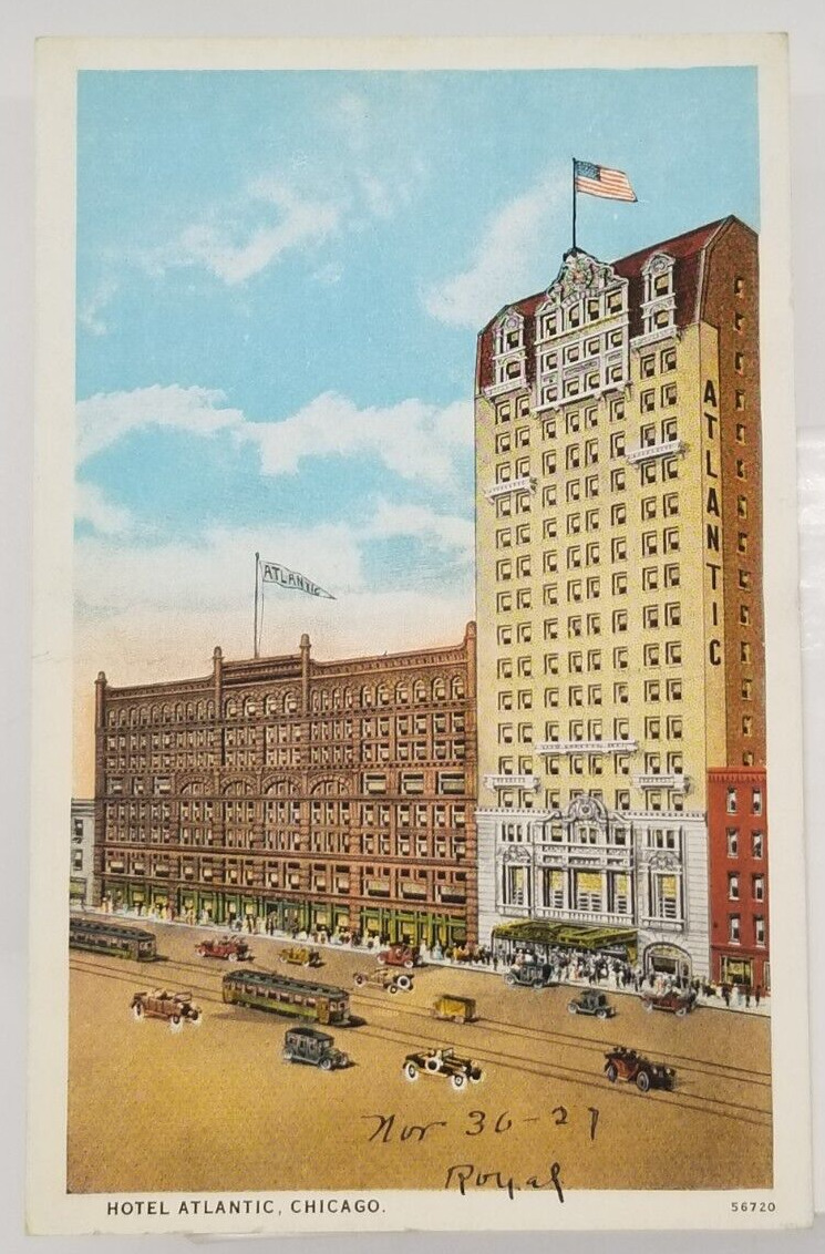 View of Hotel Atlantic Chicago Illinois Trolley & Antique Vehicles Postcard