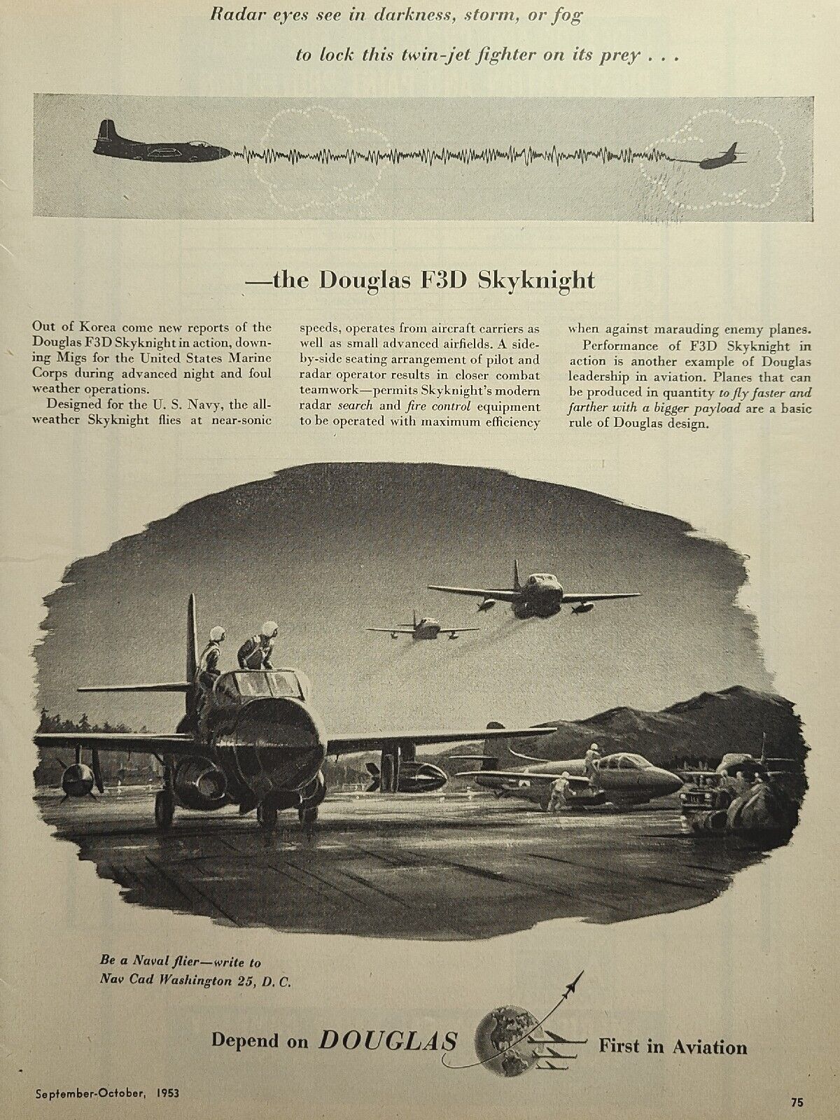 Douglas F3D Skyknight Airplane USMC Naval Aviation Tarmac Vintage Print Ad 1953
