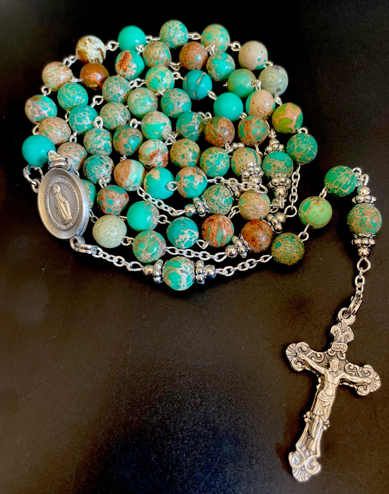 Catholic Semi Precious Imperial Jasper Stone Rosary Creed Center & Crucifix