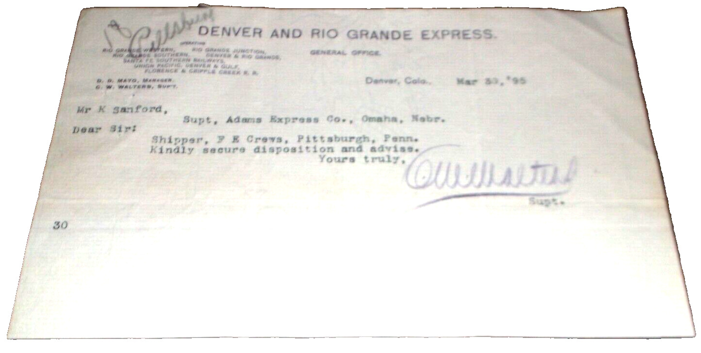 MARCH 1895 DENVER & RIO GRANDE D&RGW TELEGRAM 