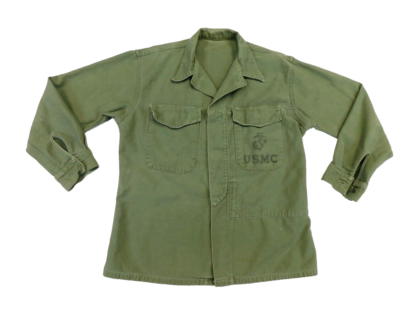 USMC Vietnam Fatigue Shirt US Marine Vintage Stencil Emblem Green Cotton Uniform