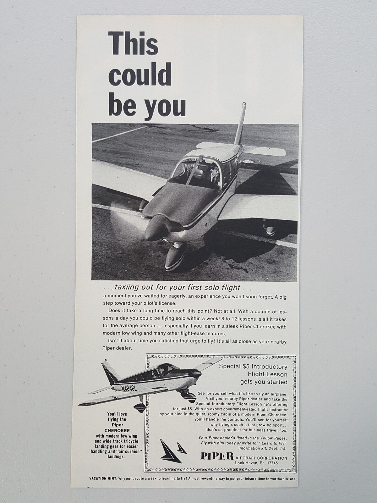 1968 Piper Aircraft Cherokee Flight Lessons Tricycle Gear Vtg Magazine Print Ad