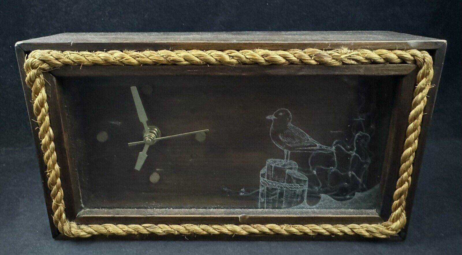 Vintage 1982 Bird Etched Glass Wooden Box Desk Clock by Condor
