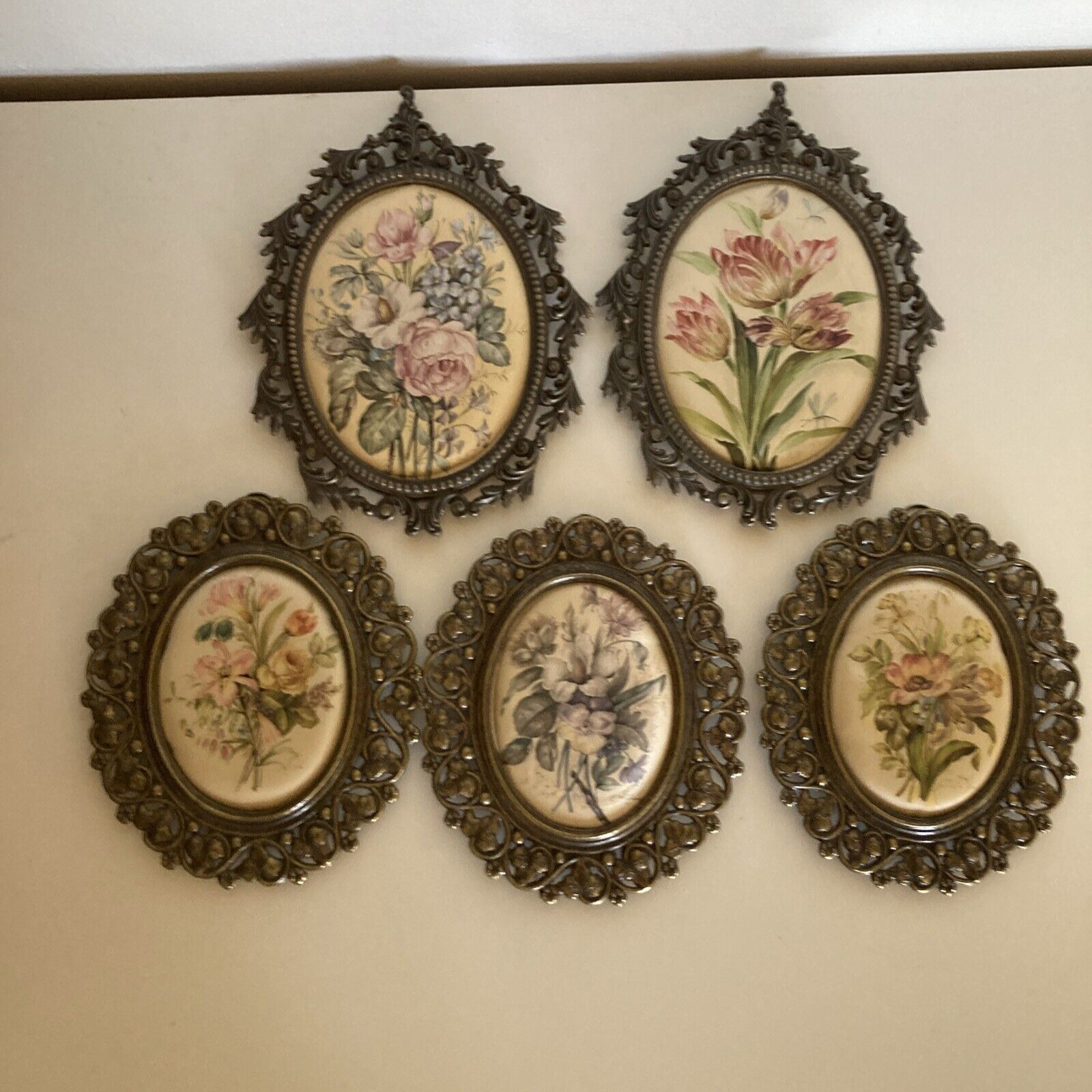 Vintage Floral Frame Made in Italy Lot of 5. 2 Large 3 Small. Metal.Silky Cloth