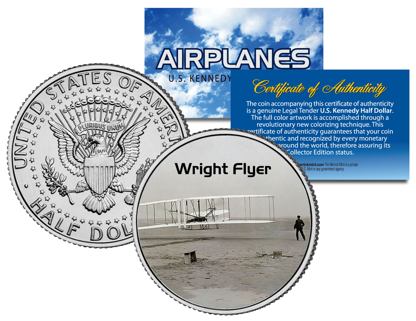 WRIGHT FLYER * Airplane Series * JFK Kennedy Half Dollar Colorized US Coin