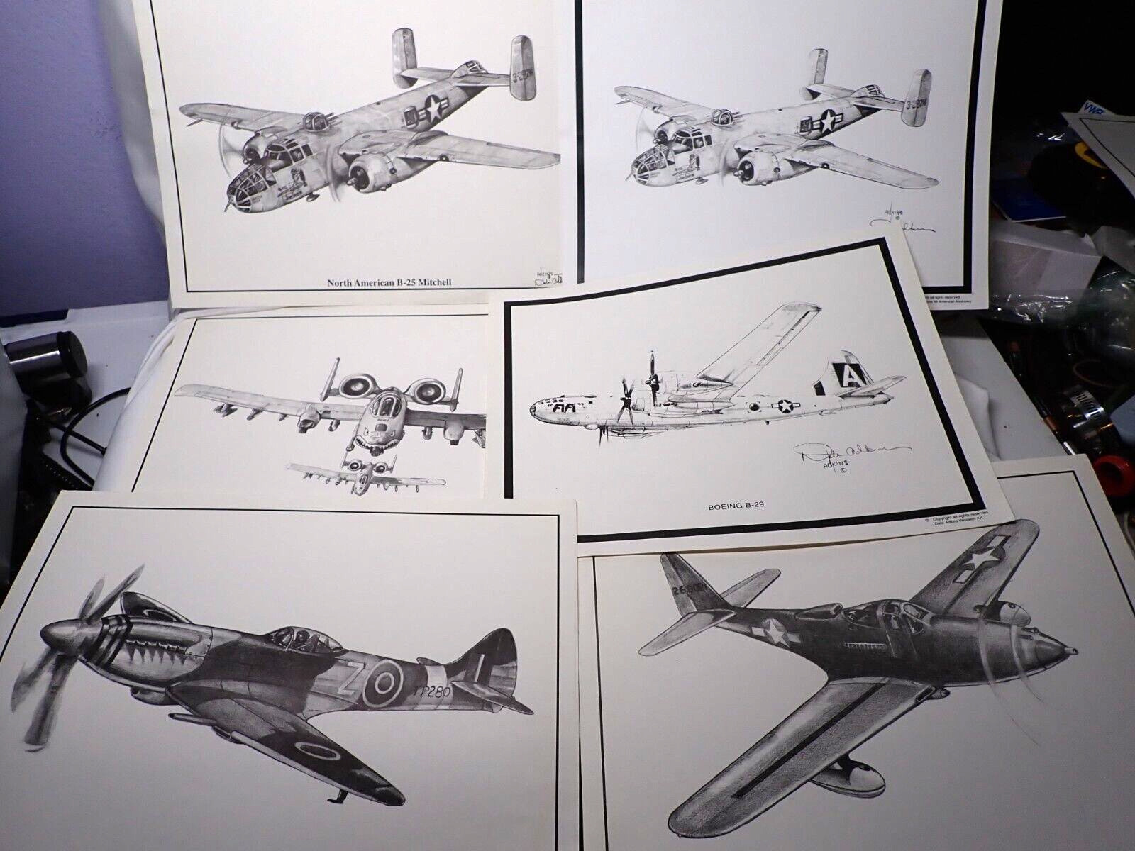 6 DALE ADKINS Prints P-63 / B-25 (2) / SPITFIRE / B-29 /A-10 MILITARY AIRCRAFT