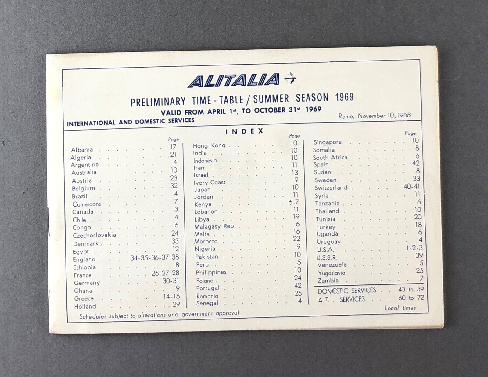 ALITALIA PRELIMINARY AIRLINE TIMETABLE SUMMER 1969 ROUTE MAP