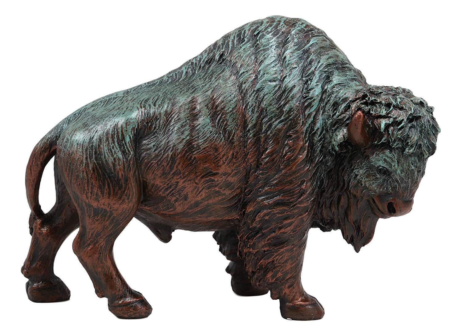 Native American Wild Bison Buffalo Resin Statue In Green Patina Bronze Finish