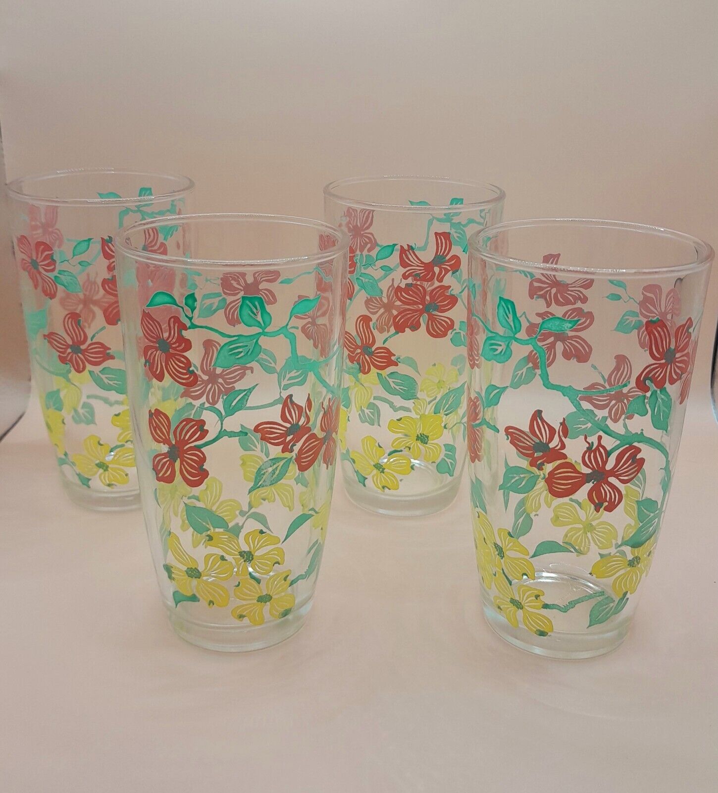 Set Of 4 Vintage Hazel Atlas Pink Yellow Dogwood Flowes Drinking Glasses 1950s