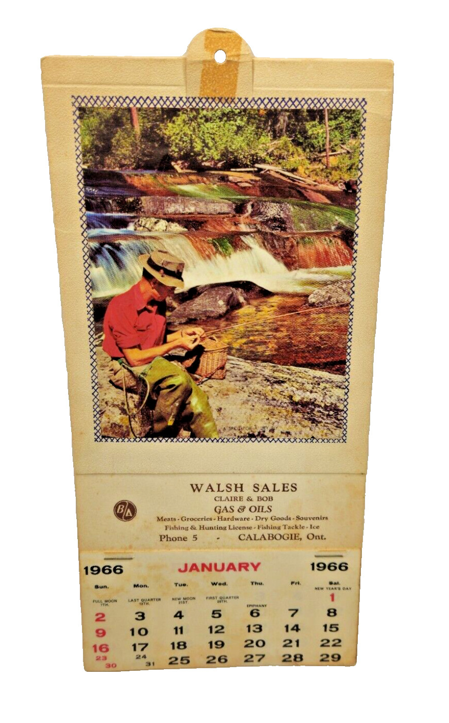 VTG 1966 Calendar Trout Fishing Scene Ontario Canada WALSH SALES GAS OIL STORE