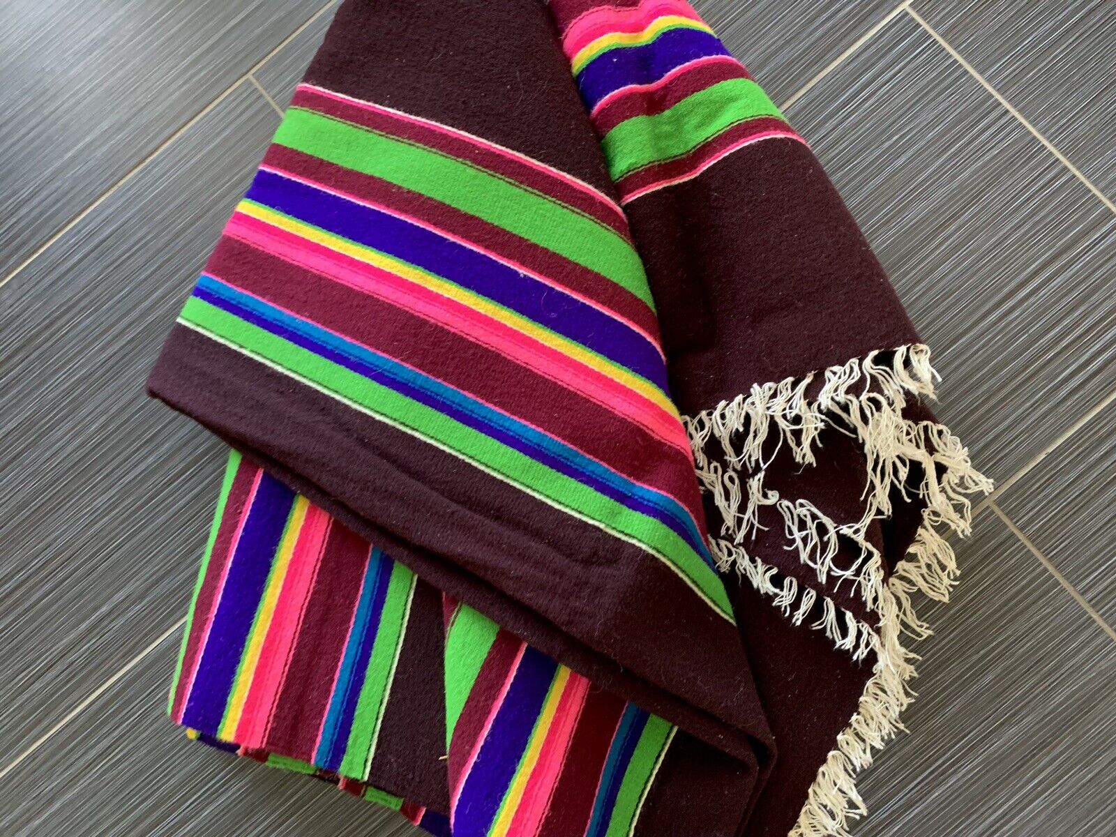Colorful Vintage Southwest Wool Sarape Mexican Blanket Fringe 56”x 82”