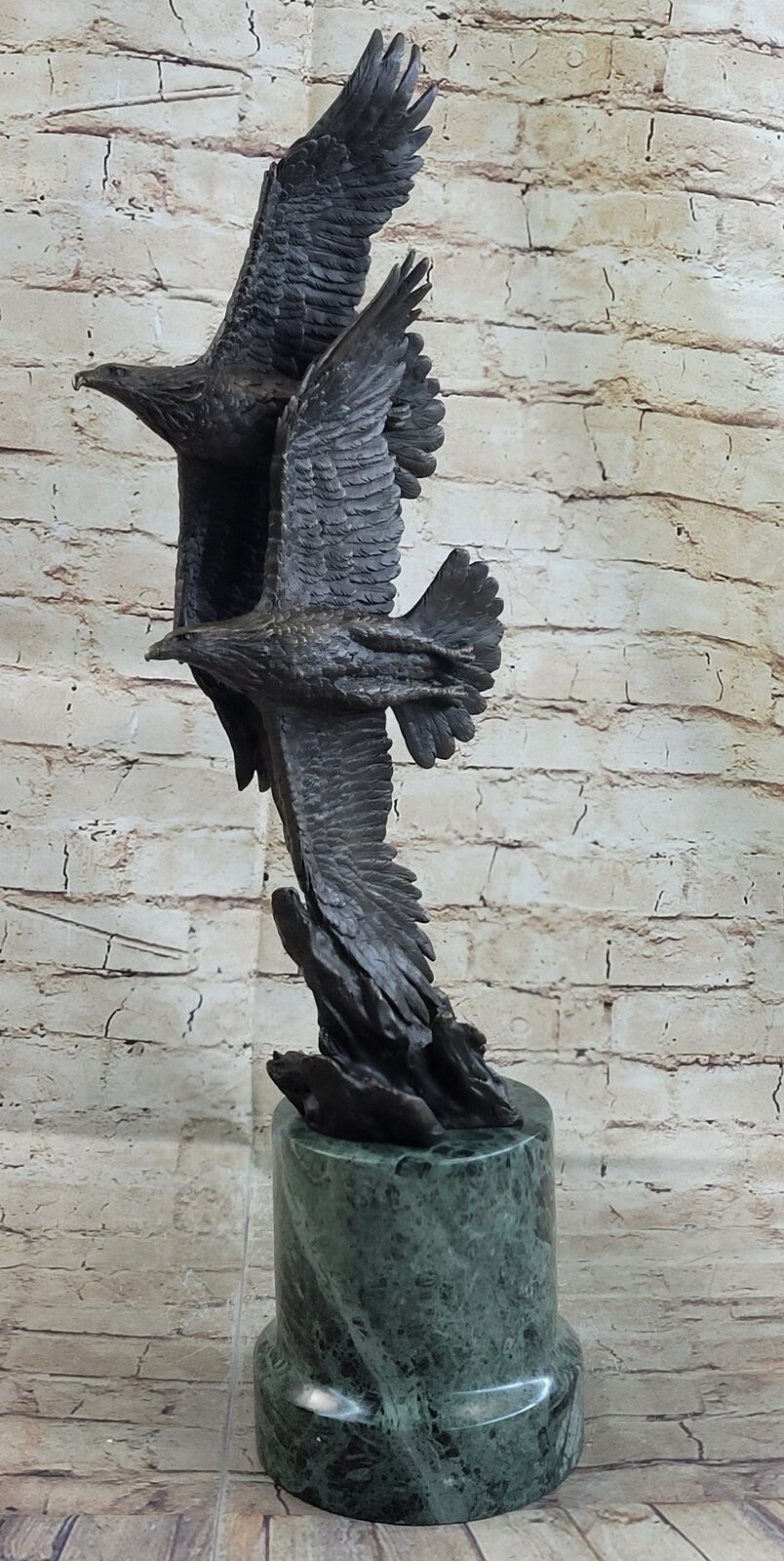 Two Bald Eagles Flying Sideways Bronze Metal Statue Sculpture Green Marble Base