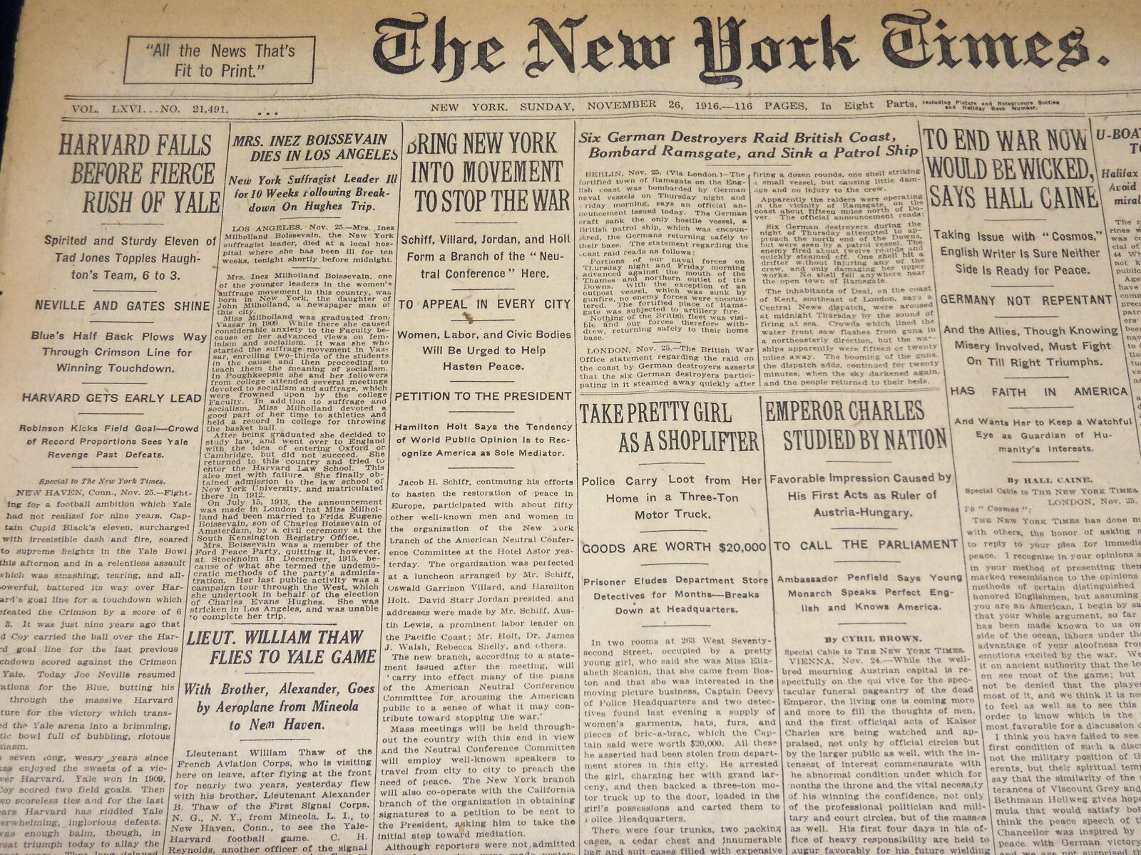 1916 NOVEMBER 26 NEW YORK TIMES - HARVARD FALLS TO FIERCE RUSH OF YALE - NT 7734