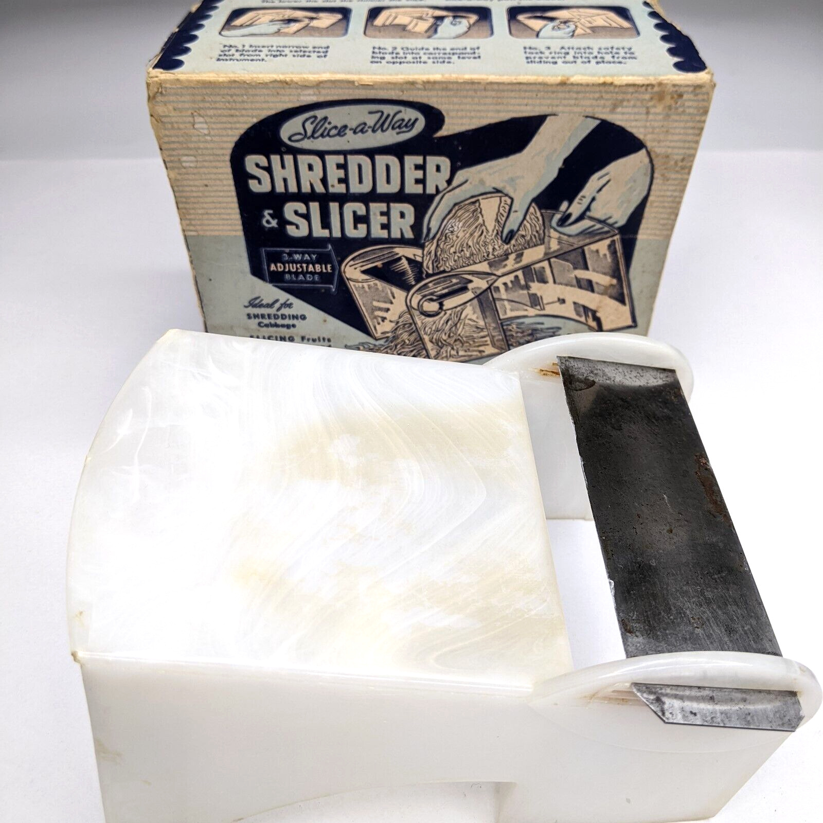 c1950s Popeil Slice-A-Way Shredder Slicer MCM w/ Box Marbled Plastic #14 Vtg F2