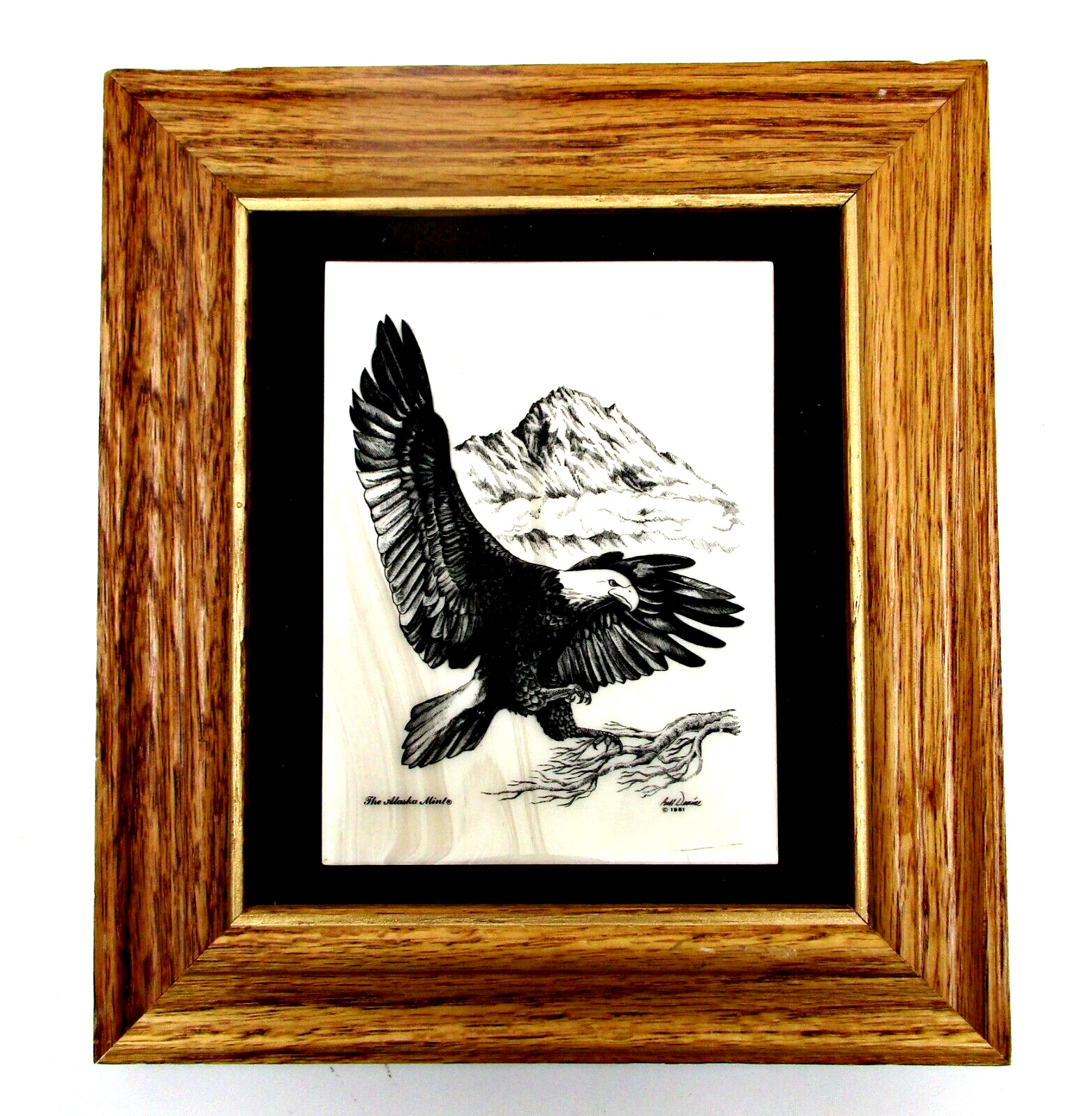 Vintage Etching Bald Eagle Etched on Marble Kiana Alaska Mint Artist Bill Devine