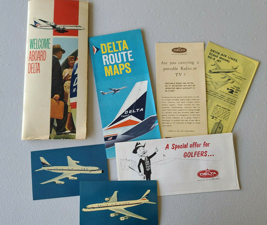 1960's Delta Air Lines Travel Info Booklet Brochure + Postcards & Route Map
