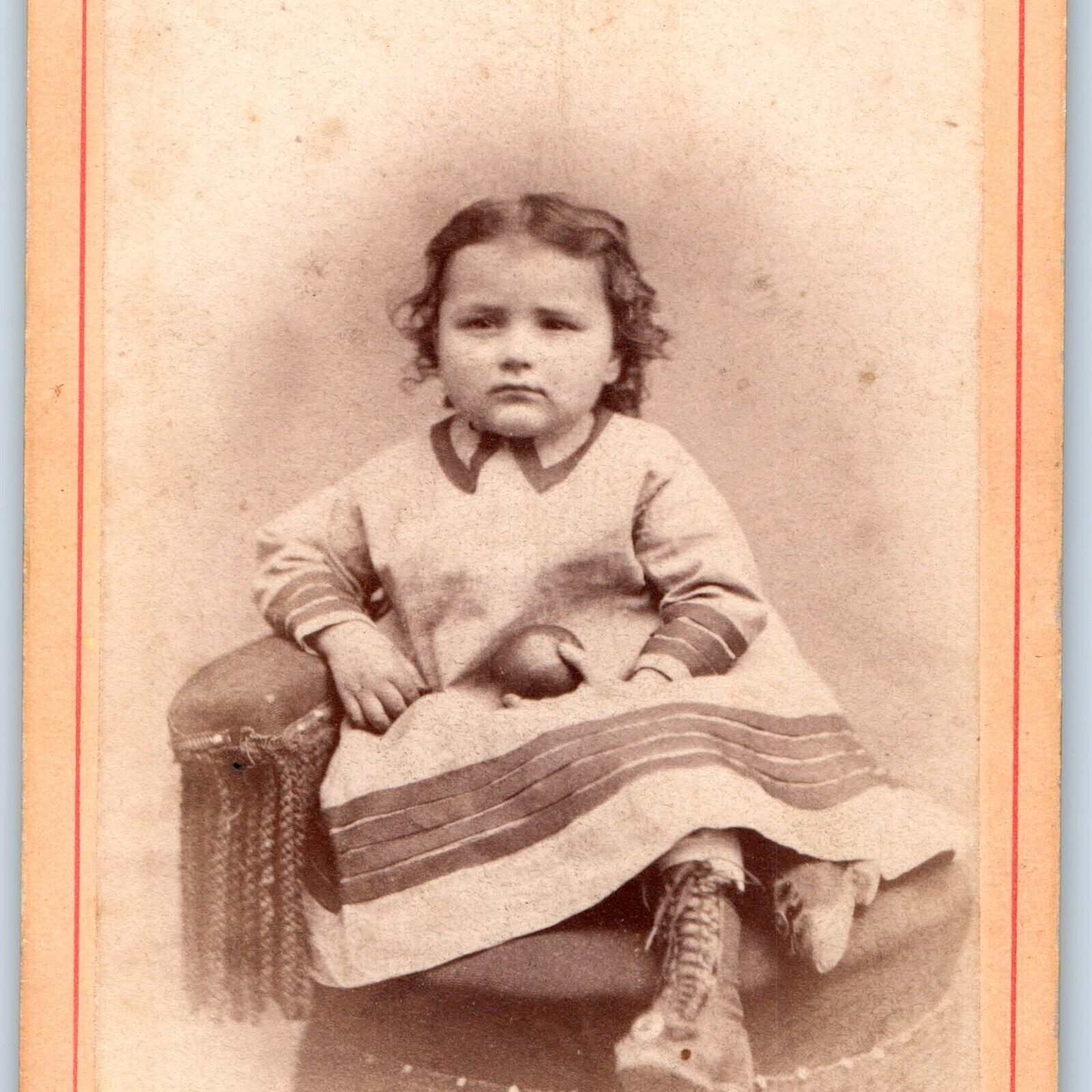 c1870s Harrisburg, PA Cute Little Girl w/ Apple CdV Photo Card Lerue Lemer H18