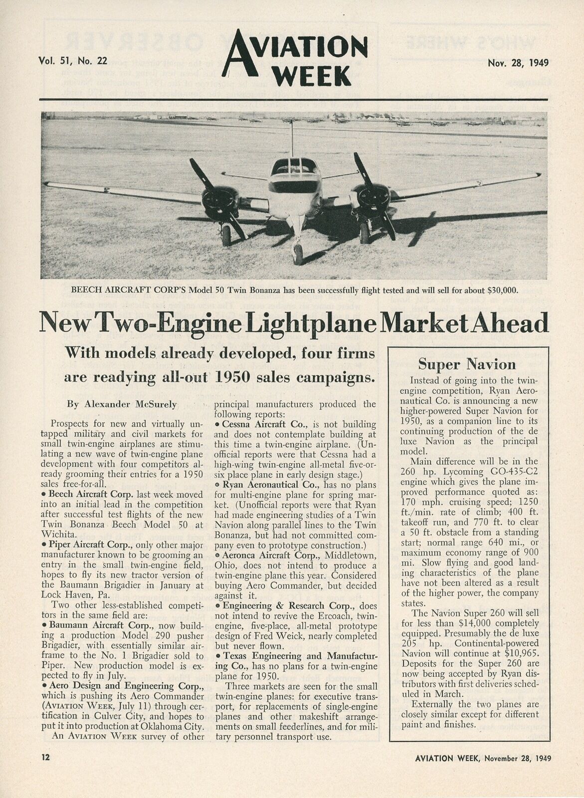 1949 Aviation Article New 2 Engine Private Planes Beech Baumann Aero Commander +
