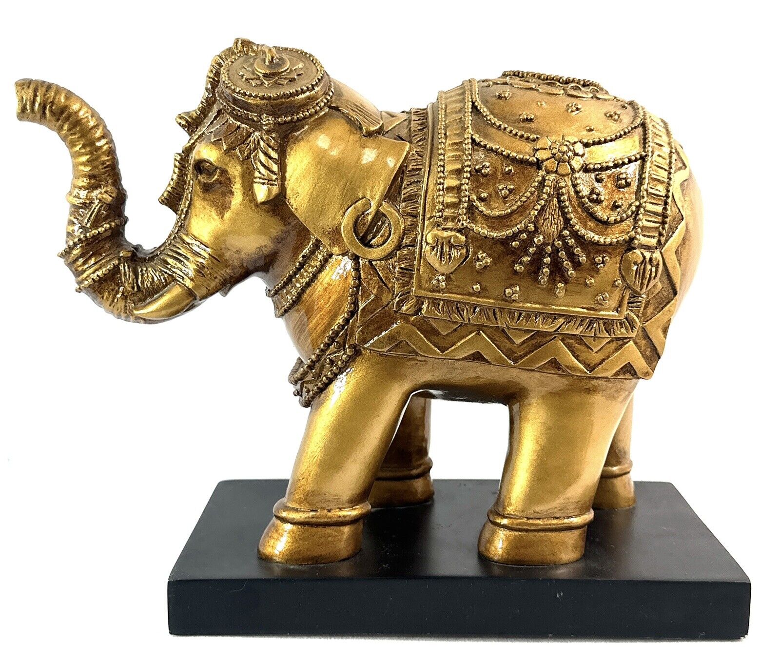 India Lucky Elephant Gold Statue On Stand Trunk Up Resin 11” L 9.5” T