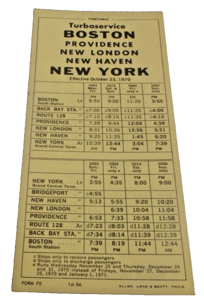 OCTOBER 1970 PENN CENTRAL FORM 70 BOSTON NEW YORK TURBOLINER PUBLIC TIMETABLE