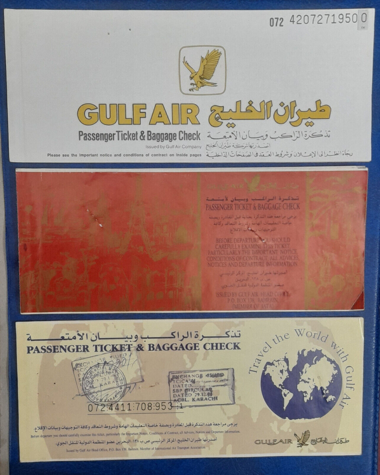 Bahrain gulf air lot of 3 different airlines passenger tickets baggage check AB