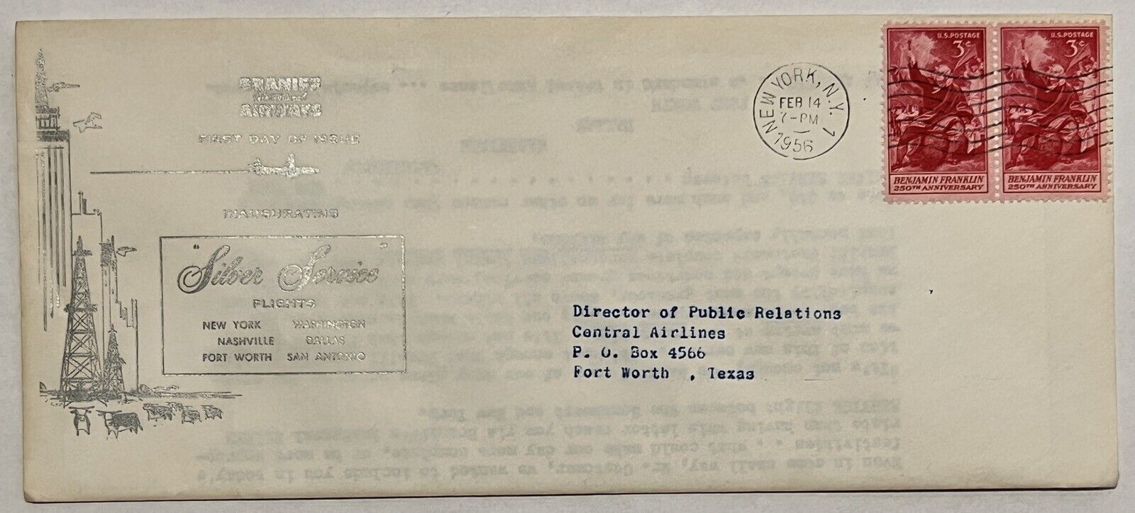 RARE 1956 BRANIFF AIRWAYS SILVER SERVICE COVER FIRST DAY OF ISSUE WITH LETTER
