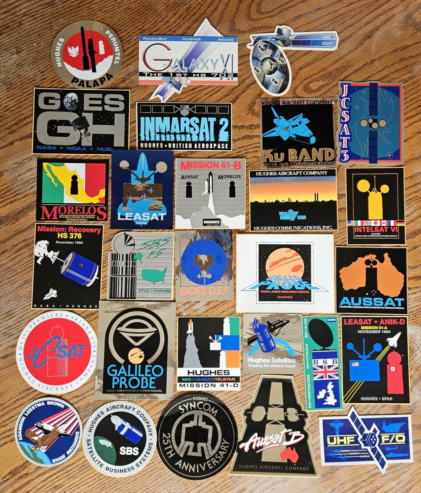 VINTAGE 1980's HUGHES AIRCRAFT COMPANY SATELLITE STICKERS - 28 TOTAL - AEROSPACE