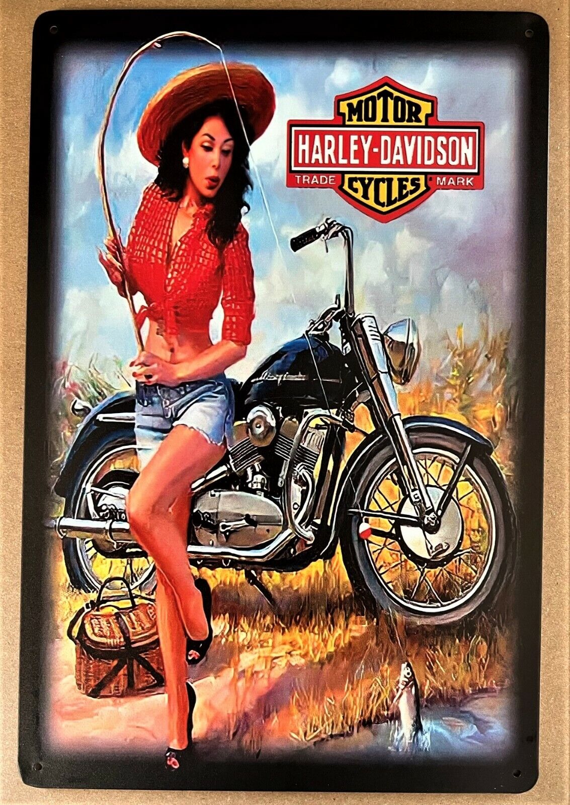 Harley Fishin Girl Biker Tin Sign Pan Knuckle Fat Sportster Twin Soft Hard CGA14