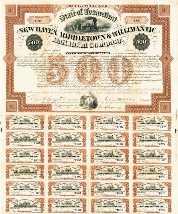 New Haven, Middletown and Willimantic Railroad - 1871 Railway 7% Mortgage Bond (