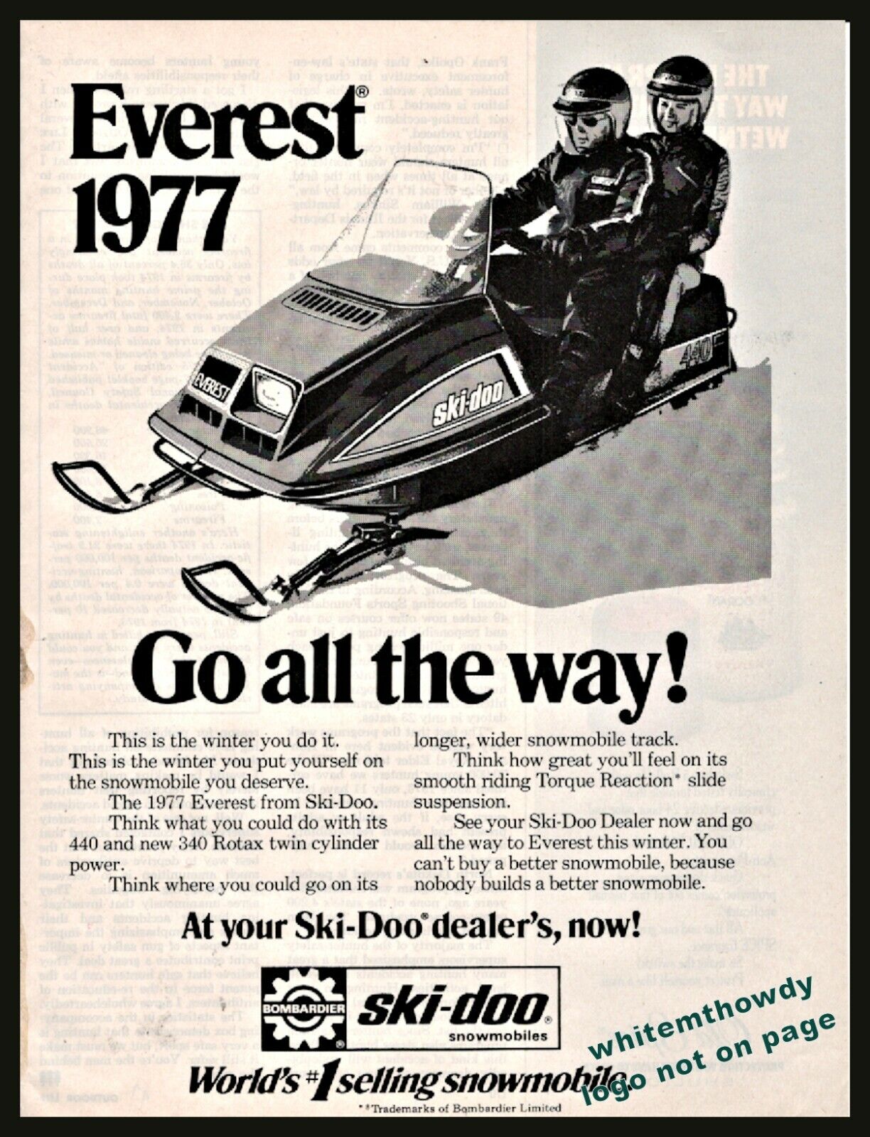 1977 SKI-DOO Everest Snowmobile Vintage Print Photo AD
