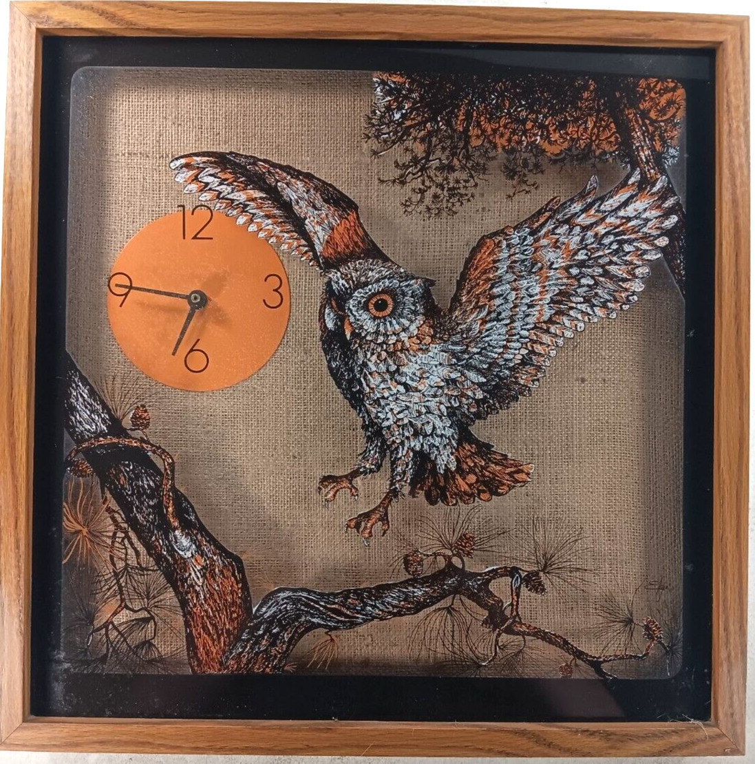 Elgin Wall Clock Owl Landing on Pine Branch 1970's Vintage