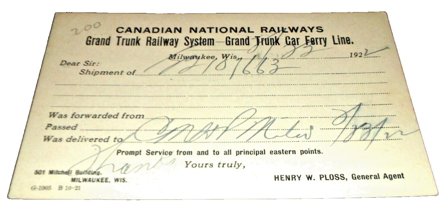 FEBRUARY 1922 GRAND TRUNK WESTERN GTW CN MILWAUKEE WISCONSIN CAR FERRY POST CARD