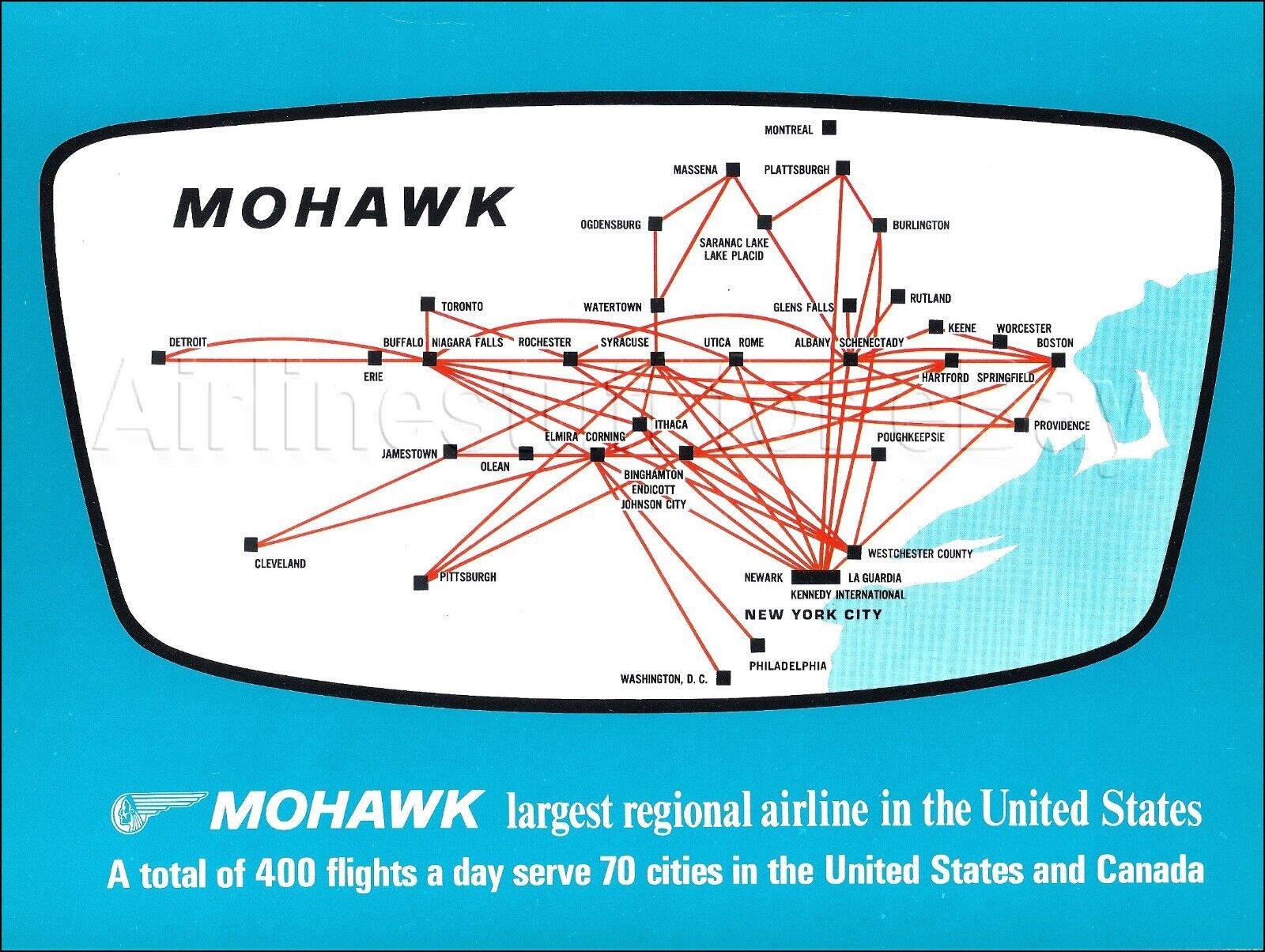 1966 MOHAWK Airlines ad ROUTE MAP airways advert UTICA-ROME, New York