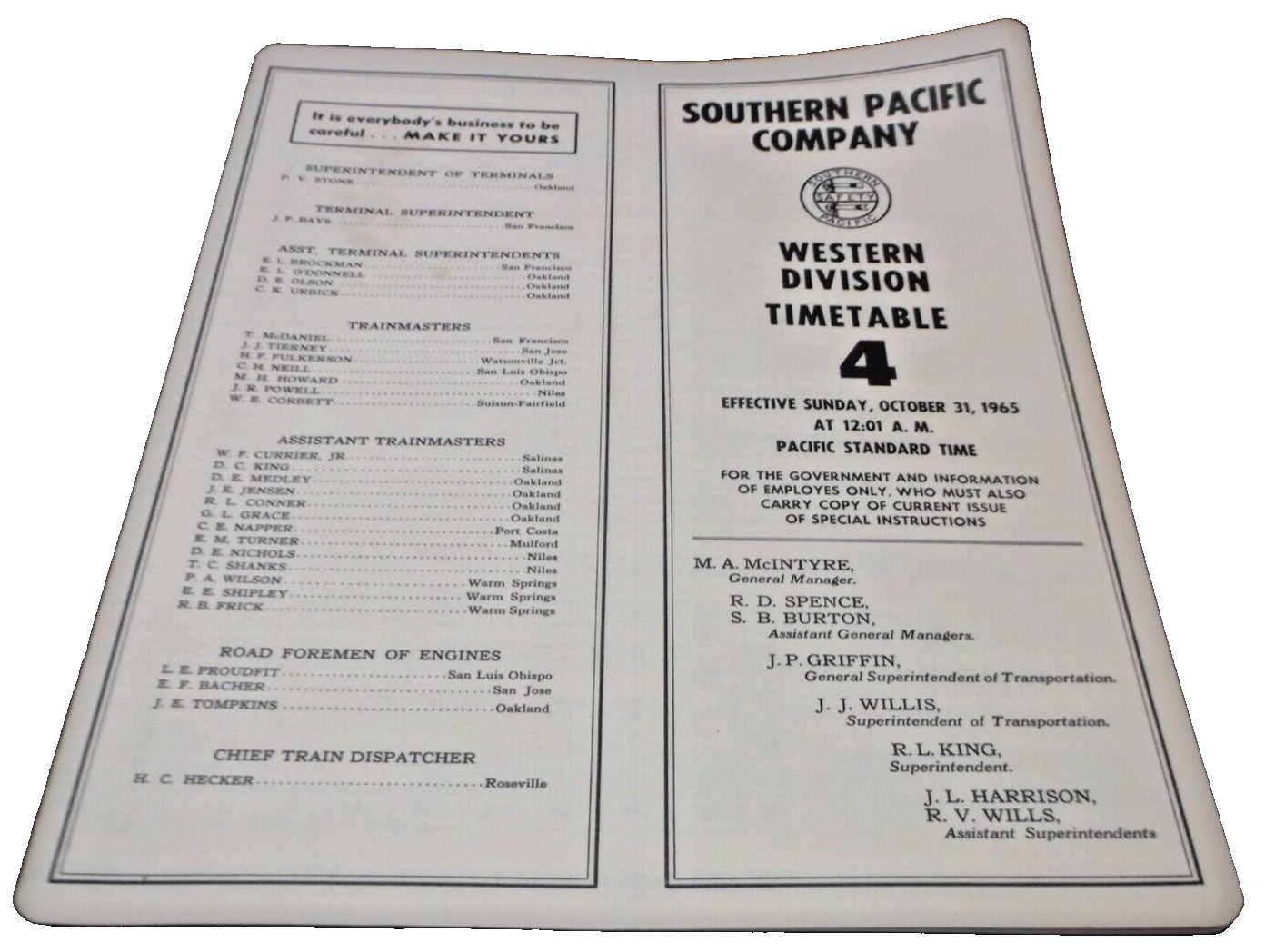 OCTOBER 1965 SOUTHERN PACIFIC WESTERN DIVISION EMPLOYEE TIMETABLE #4