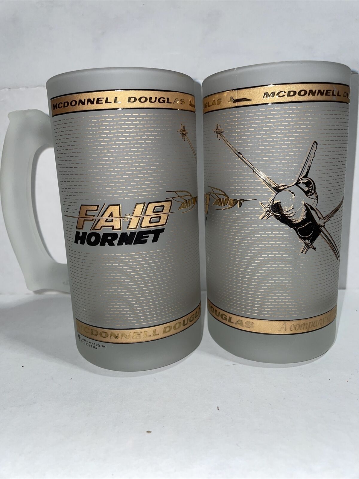 McDonnell Douglas~Glass Beer Mugs FA-18 Hornet Jets~Rare Pair