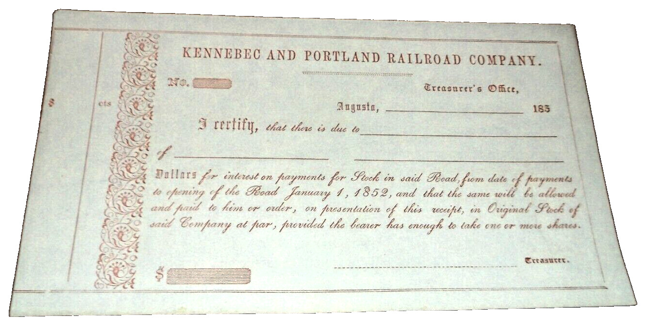 1850's KENNEBEC & PORTLAND RAILROAD LATER MAINE CENTRAL MEC UNUSED STOCK RECEIPT