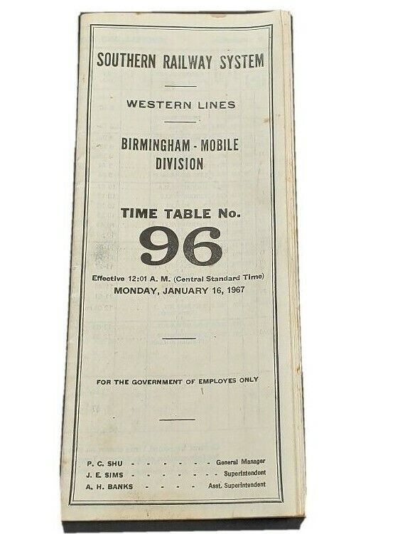Southern Railway System Western Lines Birmingham Mobile Employee Time Table 1967
