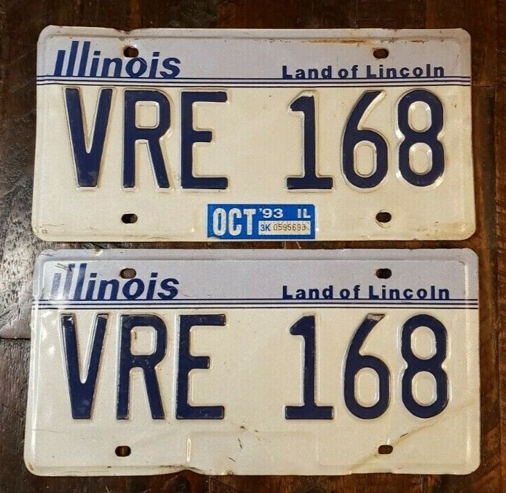 1983 - 93 ILLINOIS Land of Lincoln License Plate Matching Pair VRE 168 Free S/H