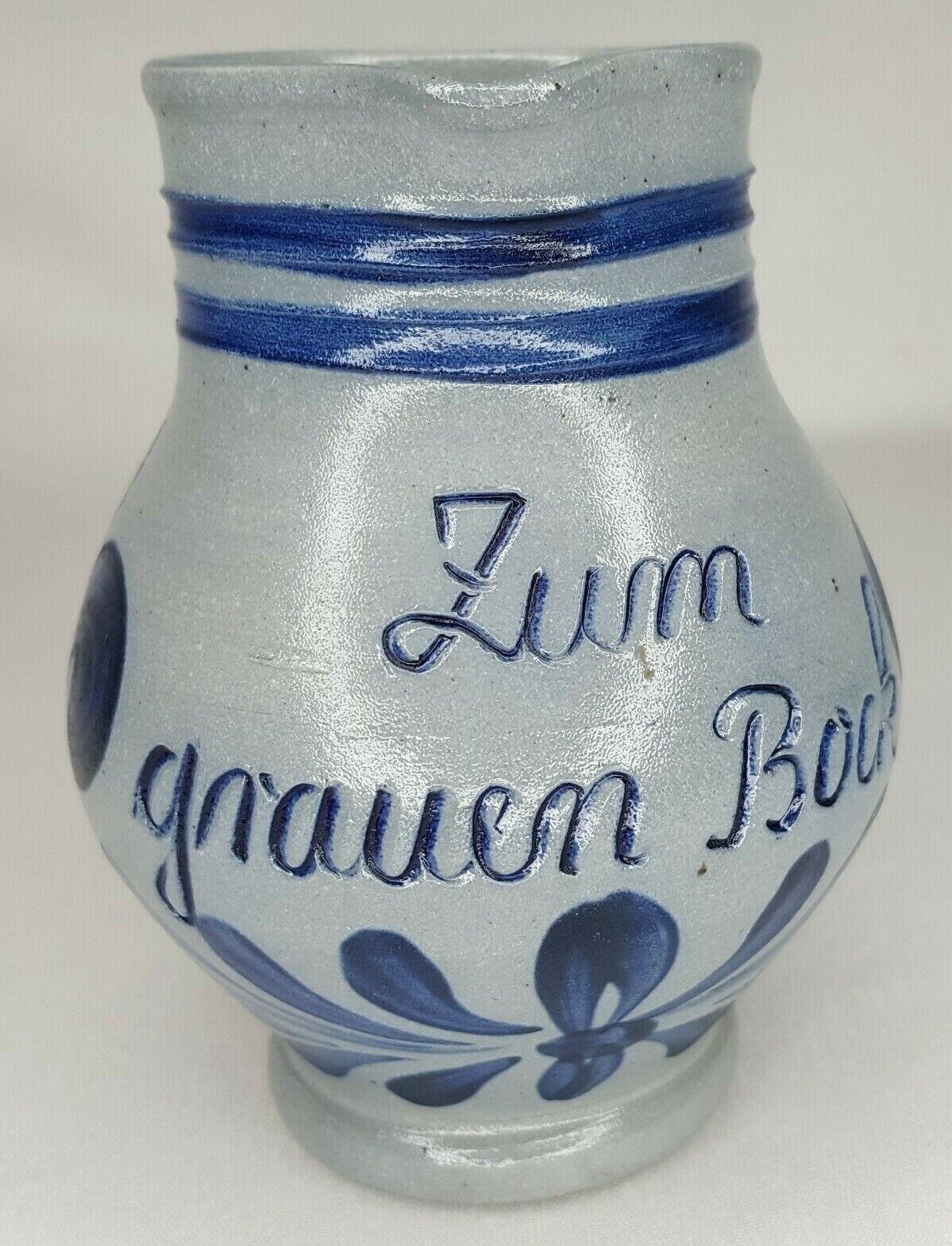 Vintage Handarbeit Pottery Zum Grauen Bock Gray Blue Pitcher Handmade In Germany