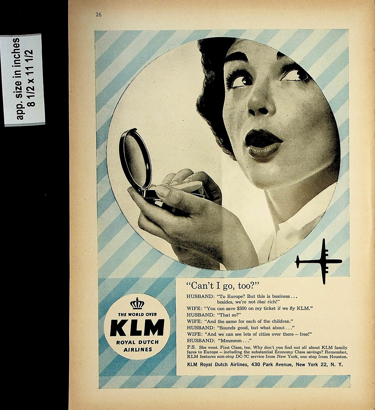 1958 KLM Royal Dutch Airlines Makeup Powder Vintage Print Ad 7787