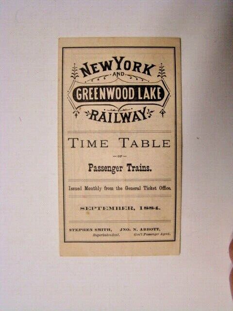 September 1884 New York and Greenwood Lake Railway Time Table Passenger Trains