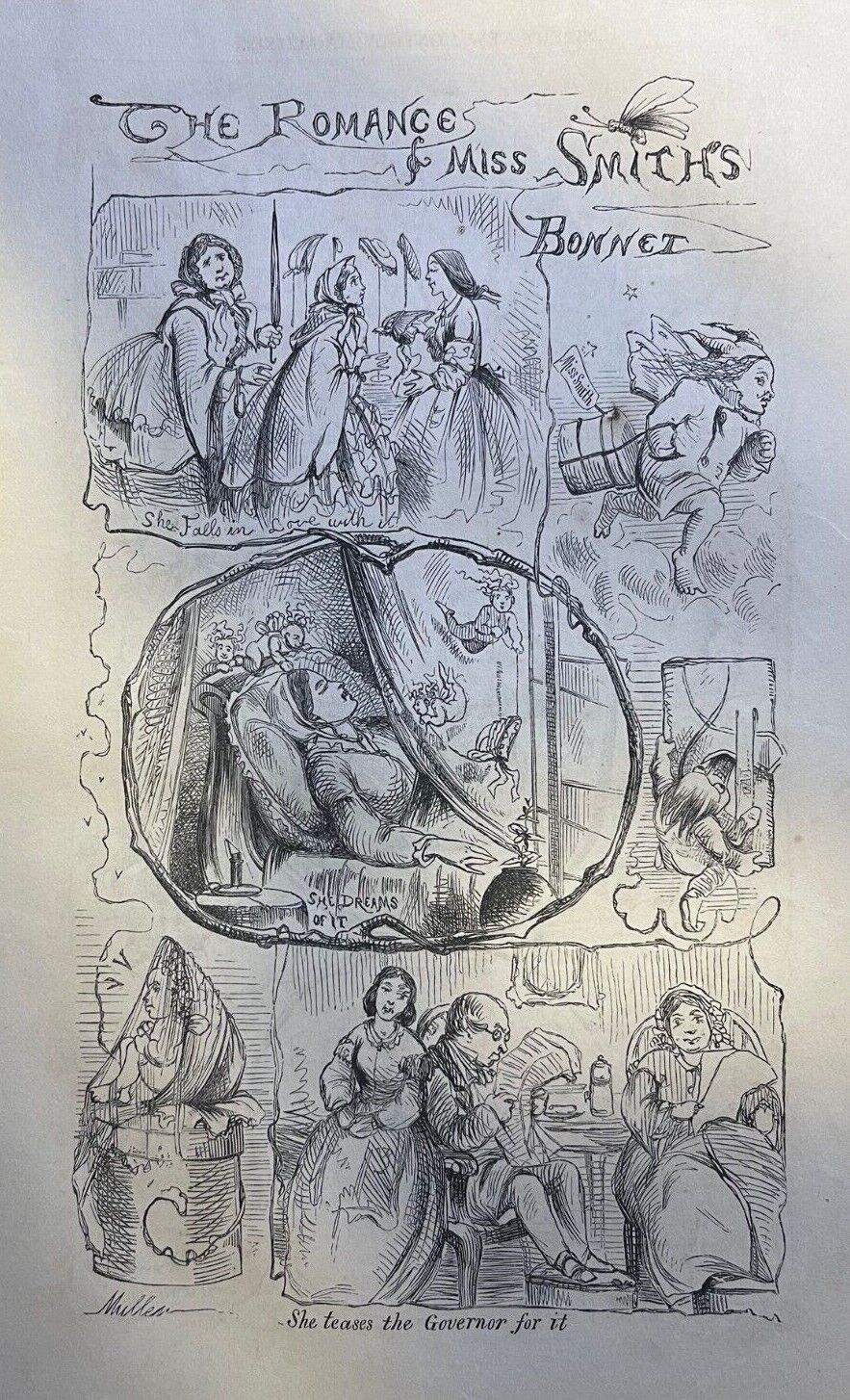 1862 Vintage Magazine Illustration The Romance of Mrs. Smith\'s Bonnet