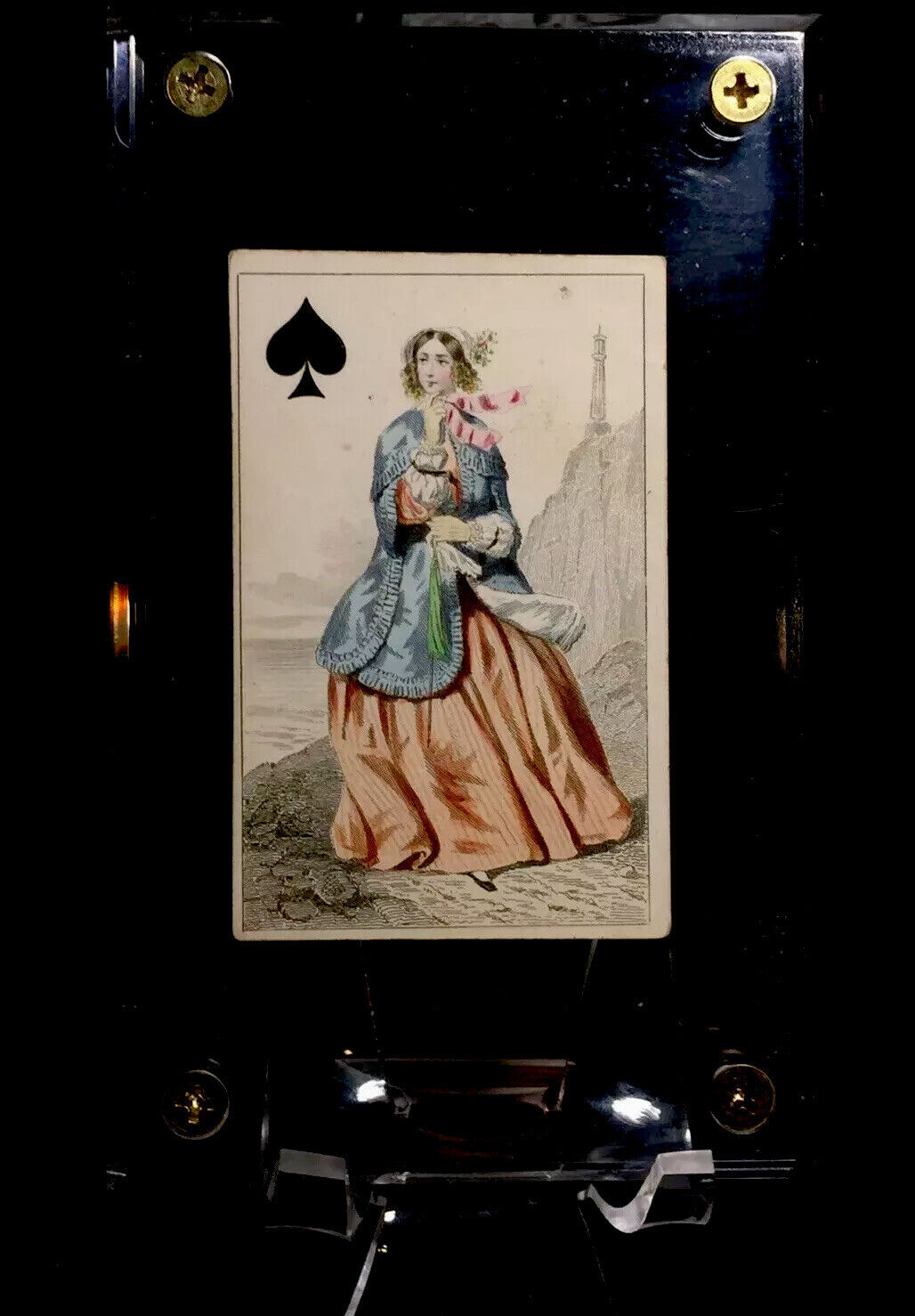 c1850 Queen Court Hand Colored Antique Playing Cards Historic Engraved Single