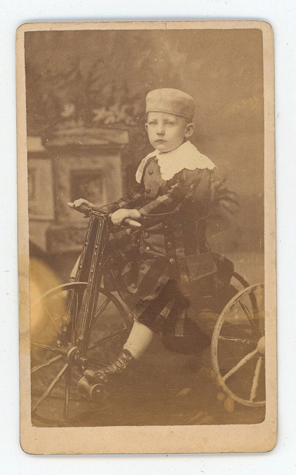 Rare CDV c1870s Adorable Boy in Unique Outfit and Hat on Tricycle Boston, MA