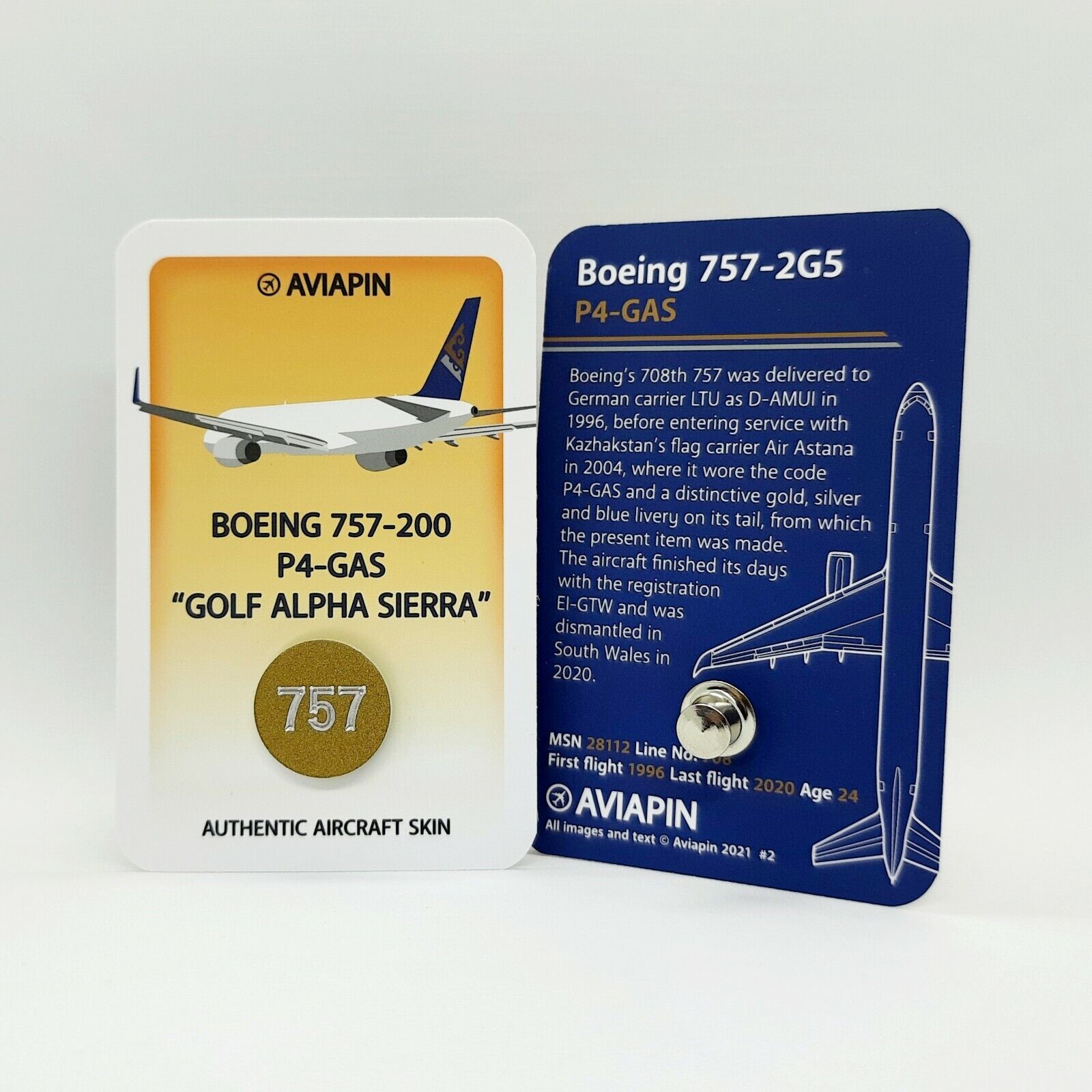 Aviapin Boeing 757-200 pin badge - genuine aircraft skin from Air Astana P4-GAS