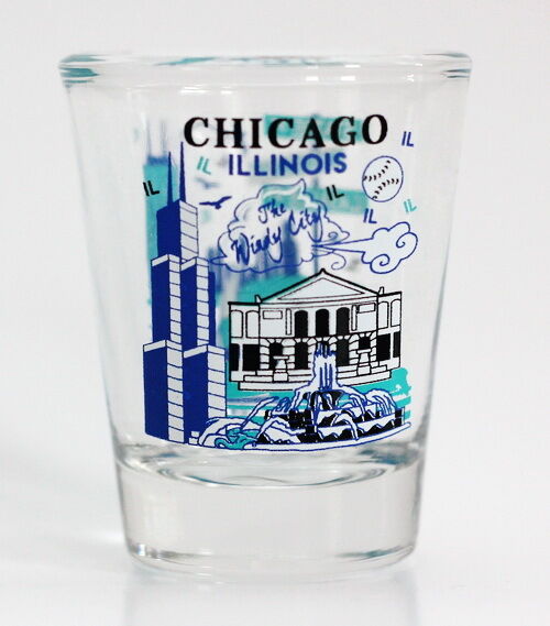 CHICAGO ILLINOIS LANDMARKS AND ATTRACTIONS COLLAGE SHOT GLASS SHOTGLASS